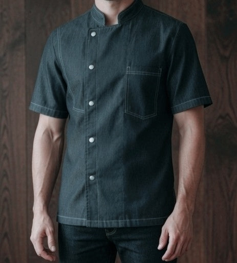Veste de Cuisine Professionnelle Bleu Denim - Col Officier (Taille S)