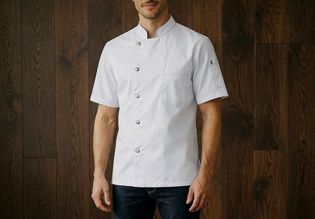 Veste de Cuisine Professionnelle Denim Blanc - Mesh Respirant (Tailles M à XL)
